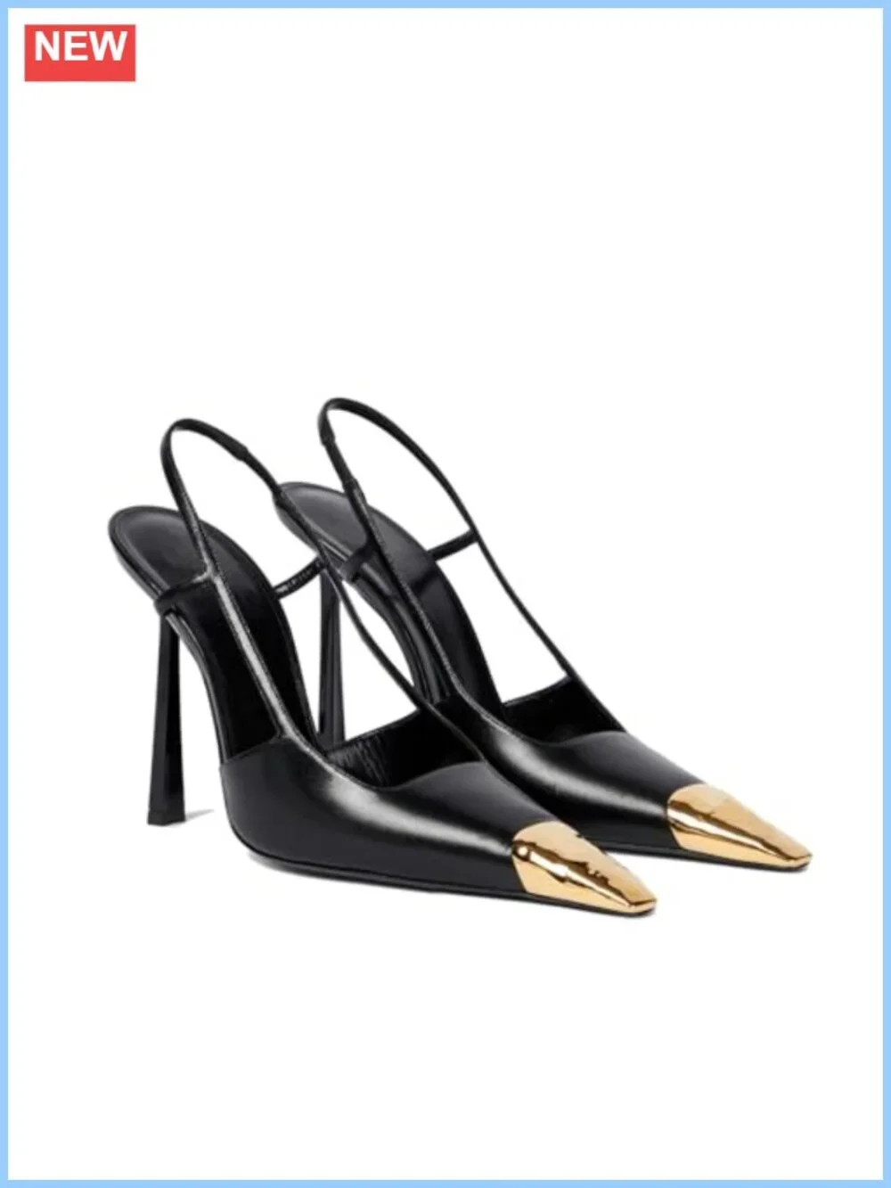 Women's Slingback High Heels Stiletto Pumps Leather Pointed Toe Gold Capped Toe